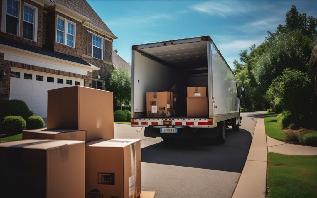 Moving Truck Loaded with Boxes in Suburban Home Driveway